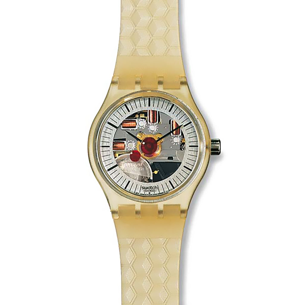 Swatch Musicall ADAM SLZ106 Armbanduhr mit cremefarbenem Gehäuse, silbertransparentem Zifferblatt und cremefarbenem Armband