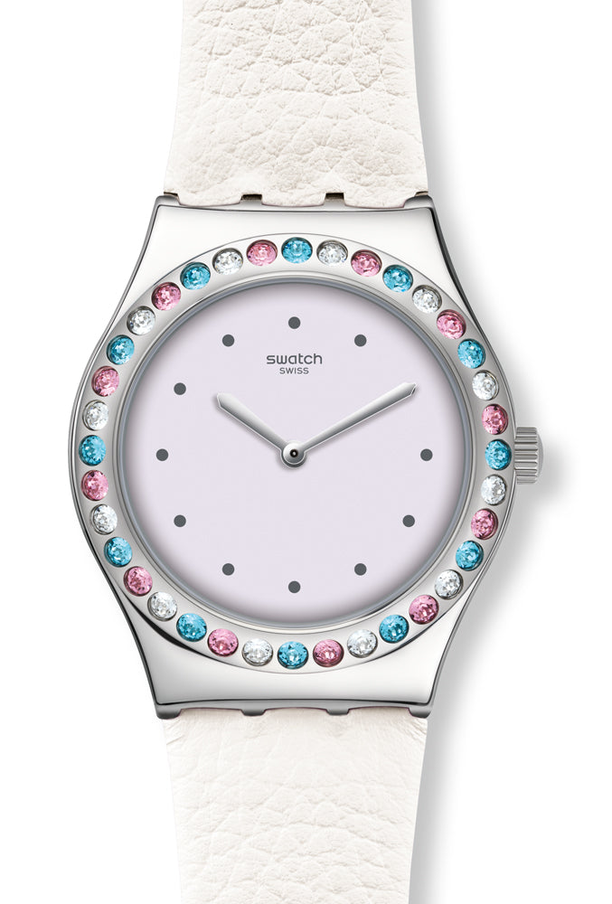 Swatch Irony Medium After Dinner YLS201 Armbanduhr mit silberfarbenem Gehäuse, weißem Zifferblatt und weißem Armband