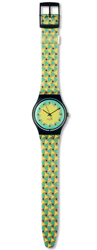 Swatch Gent Agathos GN140 Armbanduhr mit blauem Kunststoffgehäuse, gelbtürkisfarbenem Zifferblatt und gelbtürkisfarbenem Armband