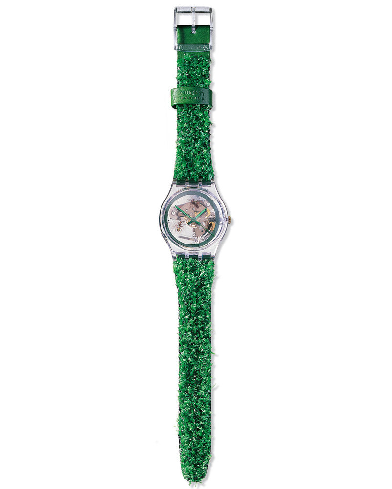 Swatch Gent Access Garden SKZ103 Armbanduhr mit transparentem Gehäuse, transparentem Zifferblatt und grünem Armband