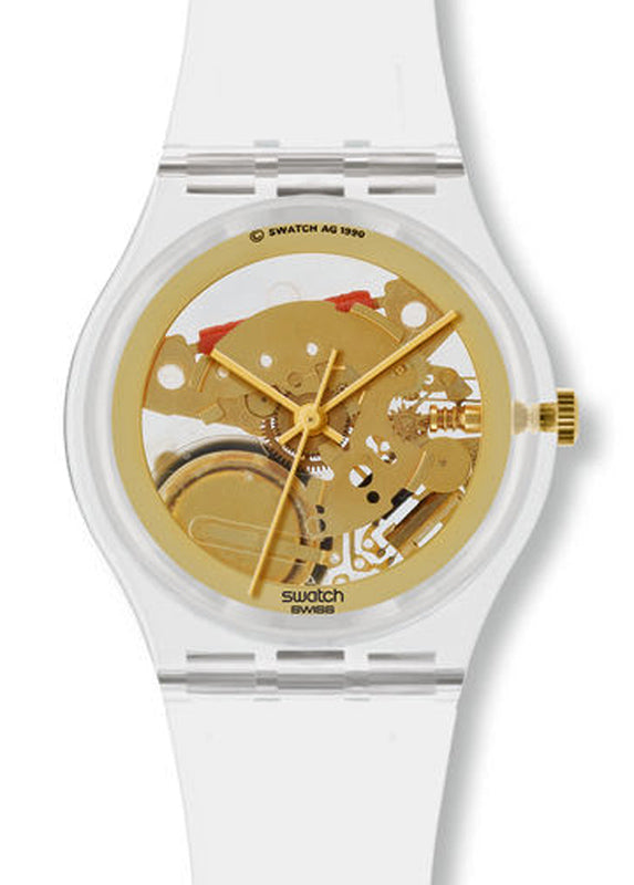 Swatch Gent Club Special GOLDEN JELLY GZ115 Armbanduhr mit transparentem Kunststoffgehäuse und transparentem Armband