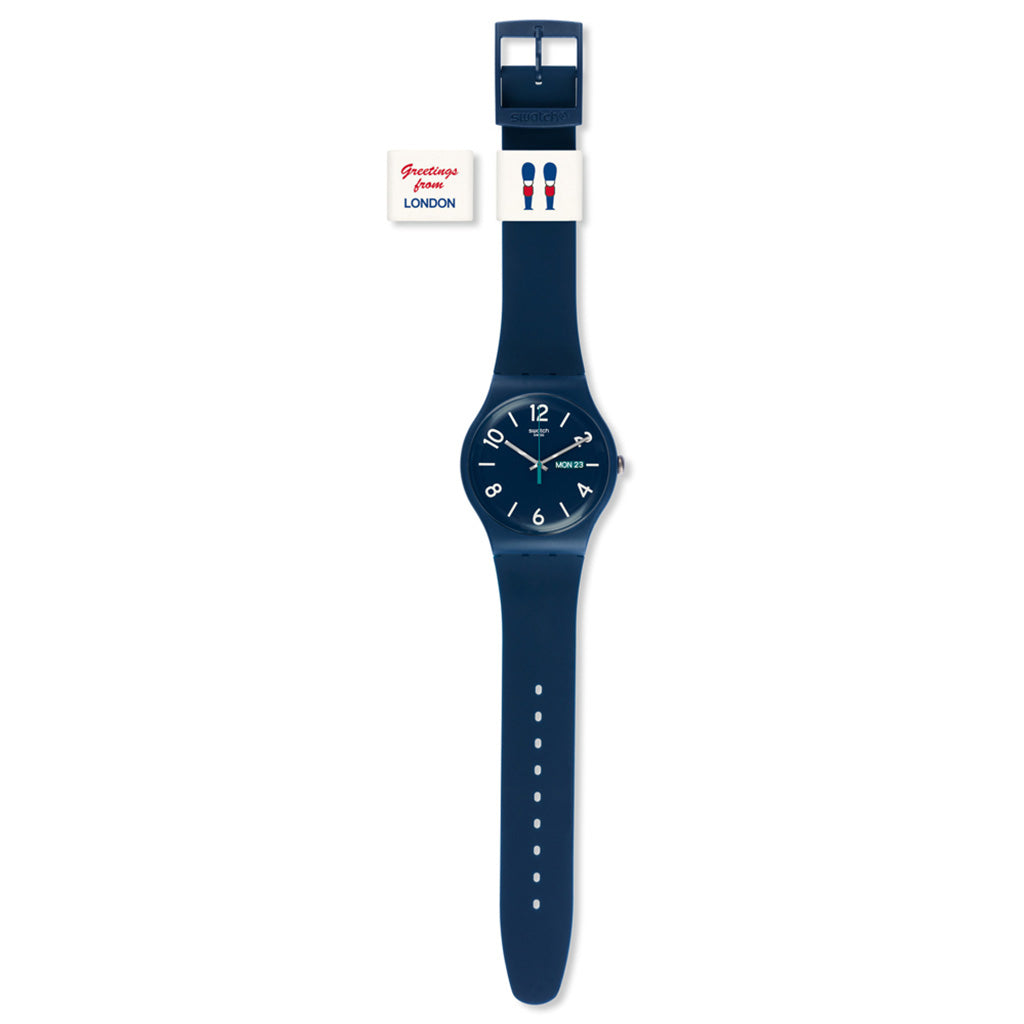 Swatch New Gent Greetings from London SUON705F Armbanduhr mit blauem Gehäuse, blauem Zifferblatt und blauem Armband