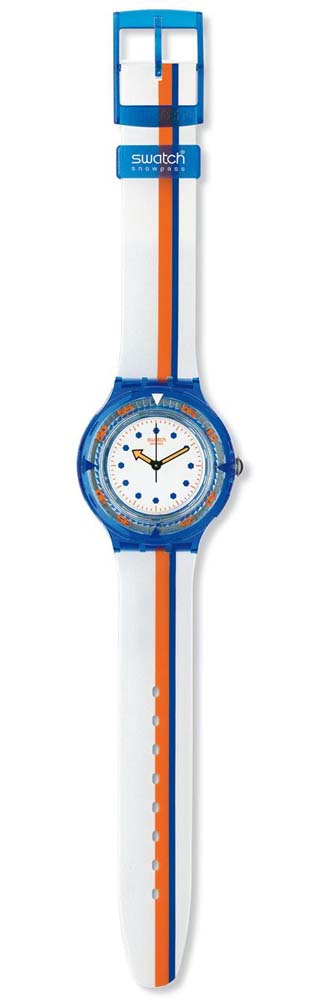 Swatch Scuba 200 Access High in the Sky SHN104 Armbanduhr mit blauem Gehäuse, weißem Zifferblatt und weißem Armband