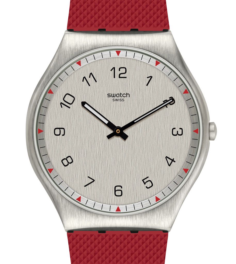 Swatch Skin Irony Skinrouge SS07S105 Armbanduhr mit silberfarbenem Gehäuse, silberfarbenem Zifferblatt und rotem Armband