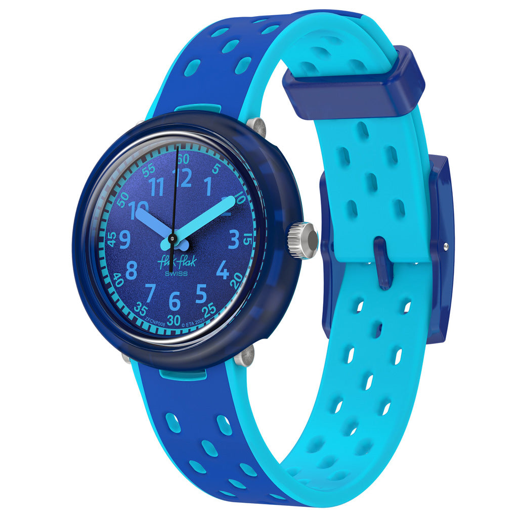 Flik Flak FIZZ IN SPACE ZFCNP008 Armbanduhr mit blauem Kunststoffgehäuse, blauem Zifferblatt und blauem Silikon/Kautschuckarmband