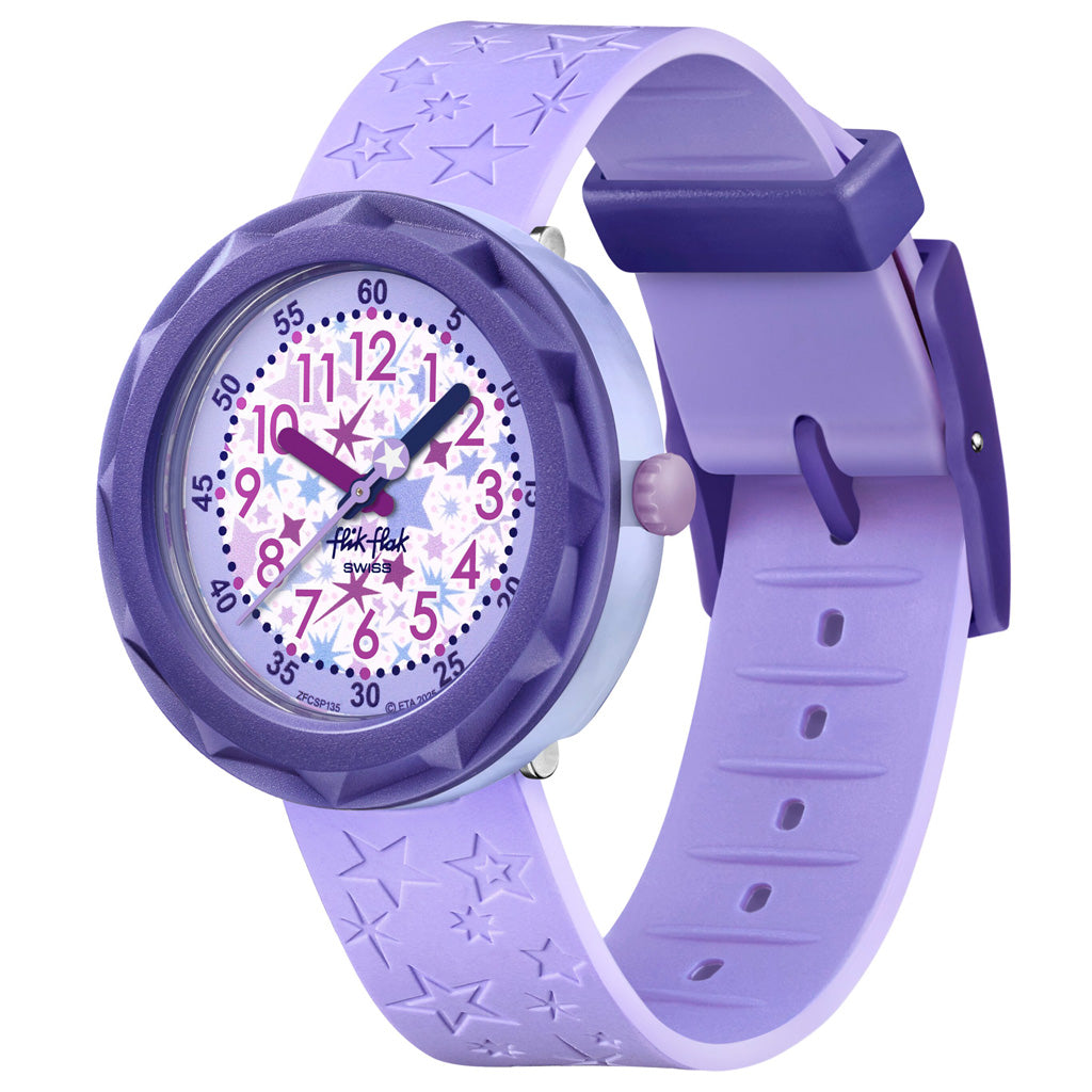 Flik Flak Kinderuhr GALAXOLOGY ZFCSP135 Armbanduhr mit violettem bio-basierter Kunststoffgehäuse und violettem Silikon/Kautschuckarmband
