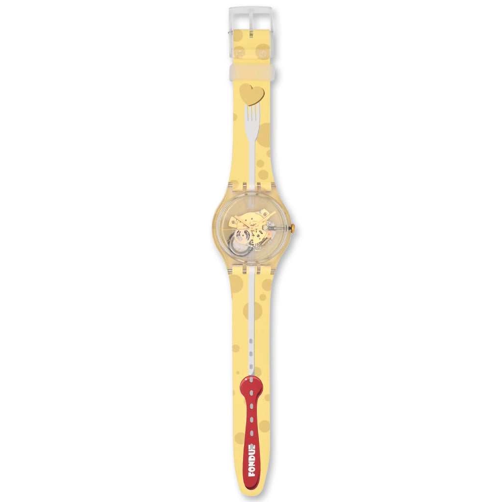 Swatch New Gent DRIVE THRU CHEESE - Drive In Special Armbanduhr mit transparentgelbem Kunststoffgehäuse und gelbem Silikon/Kautschukarmband