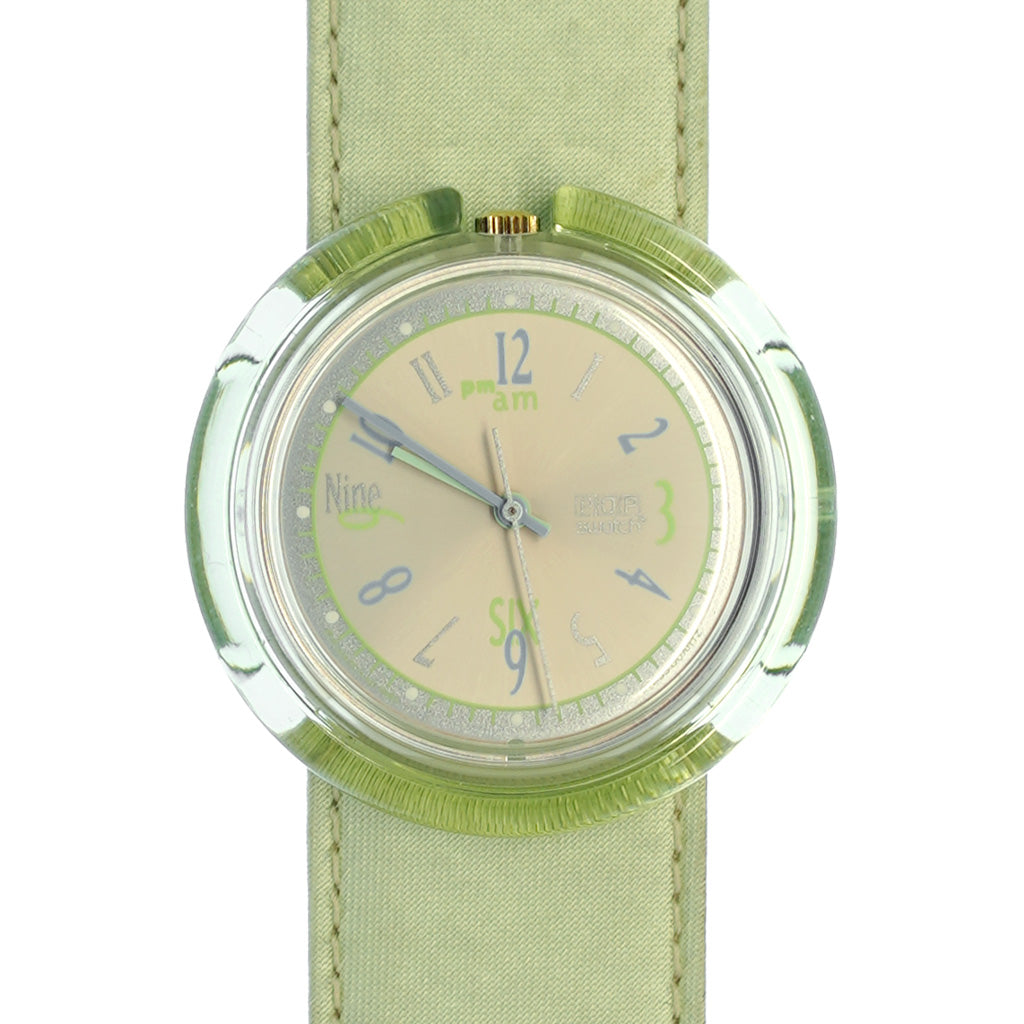 Midi Pop Swatch Asparagus PMK111 Armbanduhr mit grünem Gehäuse, cremefarbenem Zifferblatt und grünem Armband
