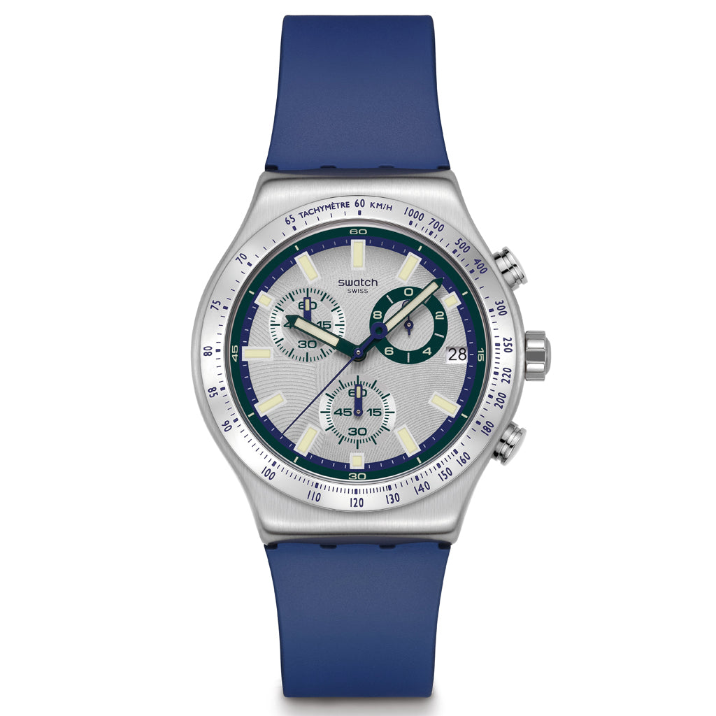 Swatch Irony New Chrono BLUE REFLECTIVE YVS539 Chronograph mit silberfarbenem Edelstahlgehäuse und blausilberfarbenem Zifferblatt