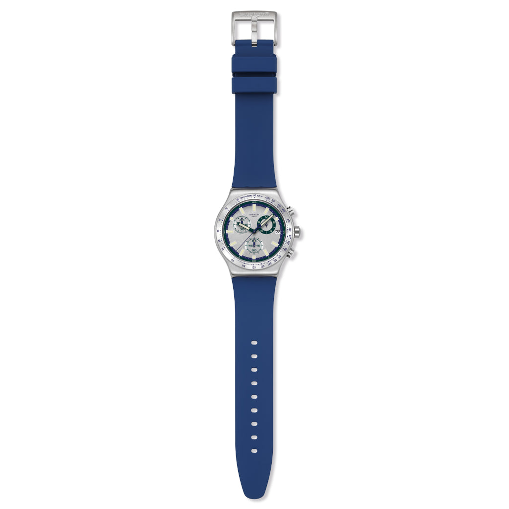Swatch Irony New Chrono BLUE REFLECTIVE YVS539 Chronograph mit silberfarbenem Edelstahlgehäuse und blausilberfarbenem Zifferblatt