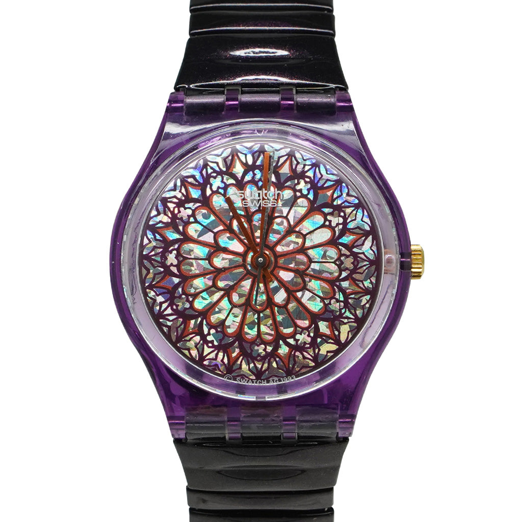 Swatch Gent Quasimodo Flex GV108C Armbanduhr mit lila Kunststoffgehäuse, lila Zifferblatt und lila Kunststoffarmband