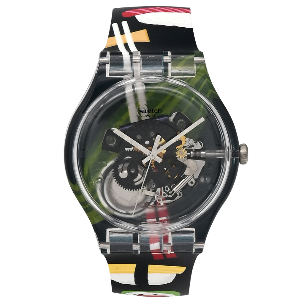 Swatch New Gent SUSHI SAN - Drive Thru Special Armbanduhr mit transparentschwarzem Kunststoffgehäuse und transparentbuntem Zifferblatt