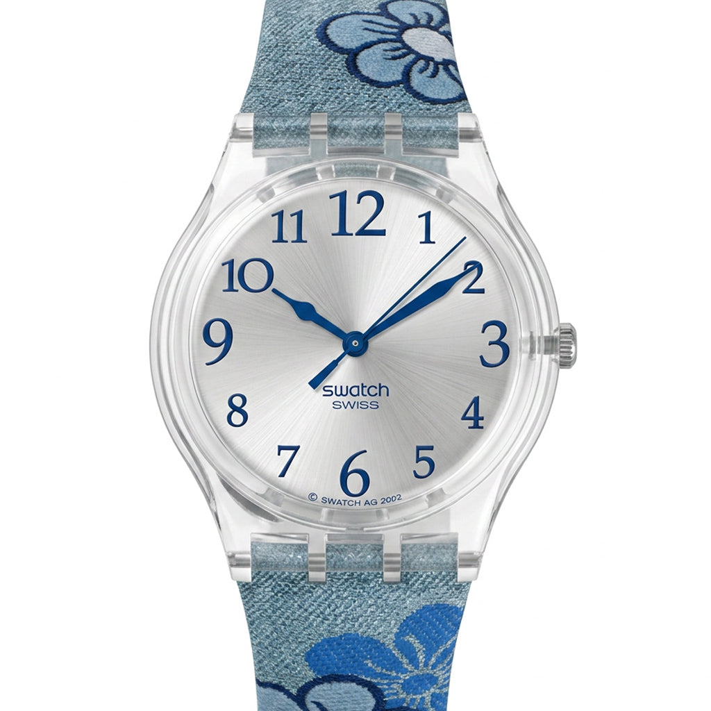 Swatch Gent TIME IN BLOOM GS112 Armbanduhr mit blaurosafarbenem Kunststoffarmband