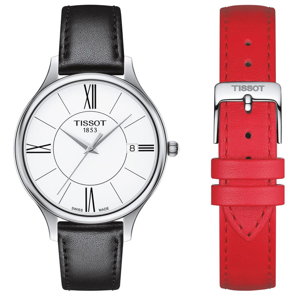 Bella Ora Round 38MM White Leather Black/Red