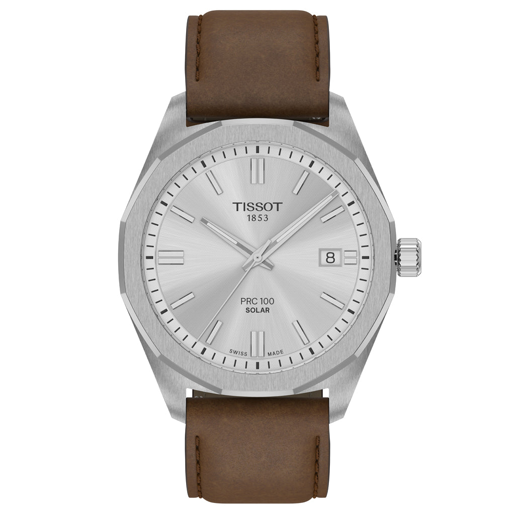 Tissot PRC 100 Solar 39MM Silver Leather Brown