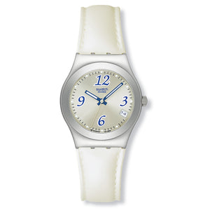 Swatch Irony Medium Artificial Ice YLS4011 Armbanduhr mit silberfarbenem Gehäuse, cremeweißem Zifferblatt und weißem Armband