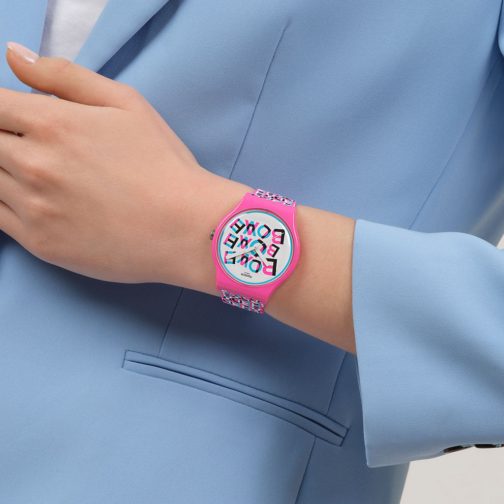 Swatch New Gent LOVE & BLAH Valentins Special 2026 - SO29Z156 Armbanduhr mit rosaweißem Silikonarmband