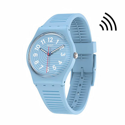 Swatch Gent Biosourced Trendy Lines In The Sky Pay! SO28S104-5300 Armbanduhr mit blauem Gehäuse, blauem Zifferblatt und blauem Armband