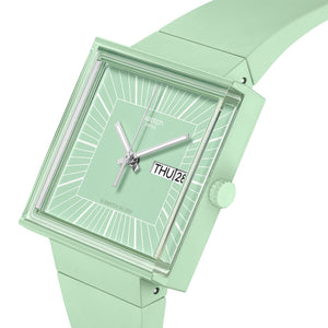 Swatch Gent Square WHAT IF ...MINT? SO34G701 Armbanduhr mit grünem Gehäuse, grünem Zifferblatt und grünem Armband