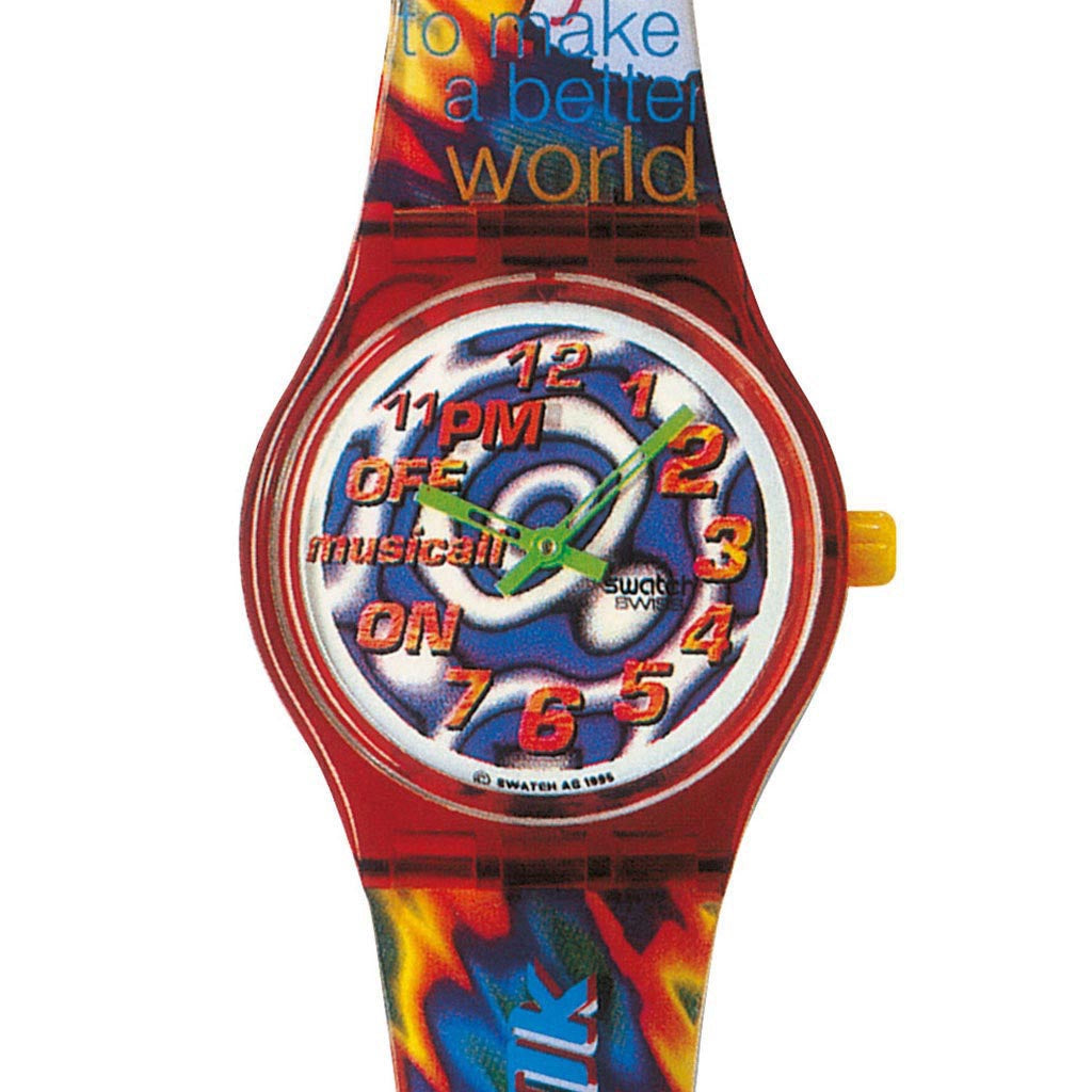 Swatch Musicall Special 11PM SLZ103STD Armbanduhr mit rotem Gehäuse, buntem Zifferblatt und buntem Armband