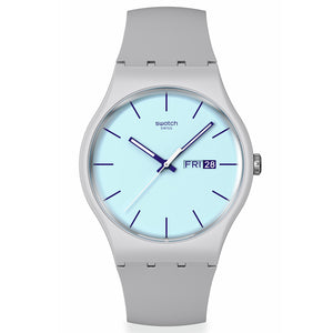 Swatch New Gent Biosourced Blueberry Sky SO29M702 Armbanduhr mit grauem Gehäuse, blauem Zifferblatt und grauem Armband