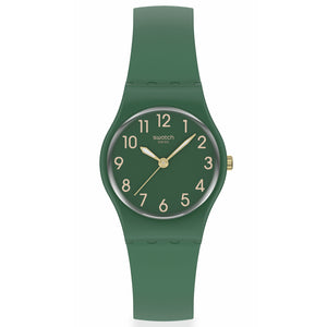 Swatch Lady Notes of Pecan LG130 Damenuhr mit grünem Kunststoffgehäuse, grünem Zifferblatt und grünem Silikonarmband