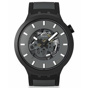 Swatch Big Bold Biosourced Past the Horizon SB05B113 Armbanduhr mit schwarzem Bioceramicgehäuse und grauschwarzem Armband