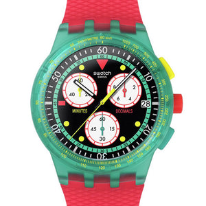 Swatch Chrono Plastic SWATCH NEON EMERALD CHRONO SUSG409 Chronograph mit grünem Gehäuse, buntem Zifferblatt und grünrosafarbenem Armband