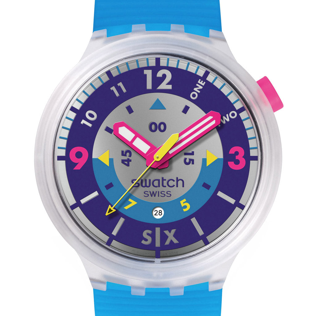Swatch Big Bold SWATCH NEON HIELO SB01K400 Armbanduhr mit transparentem Kunststoffgehäuse und blauem Armband