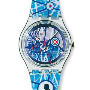 Swatch Gent Access Access to Salzburg SKK104 Armbanduhr mit transparentem Gehäuse, blauem Zifferblatt und blauem Armband