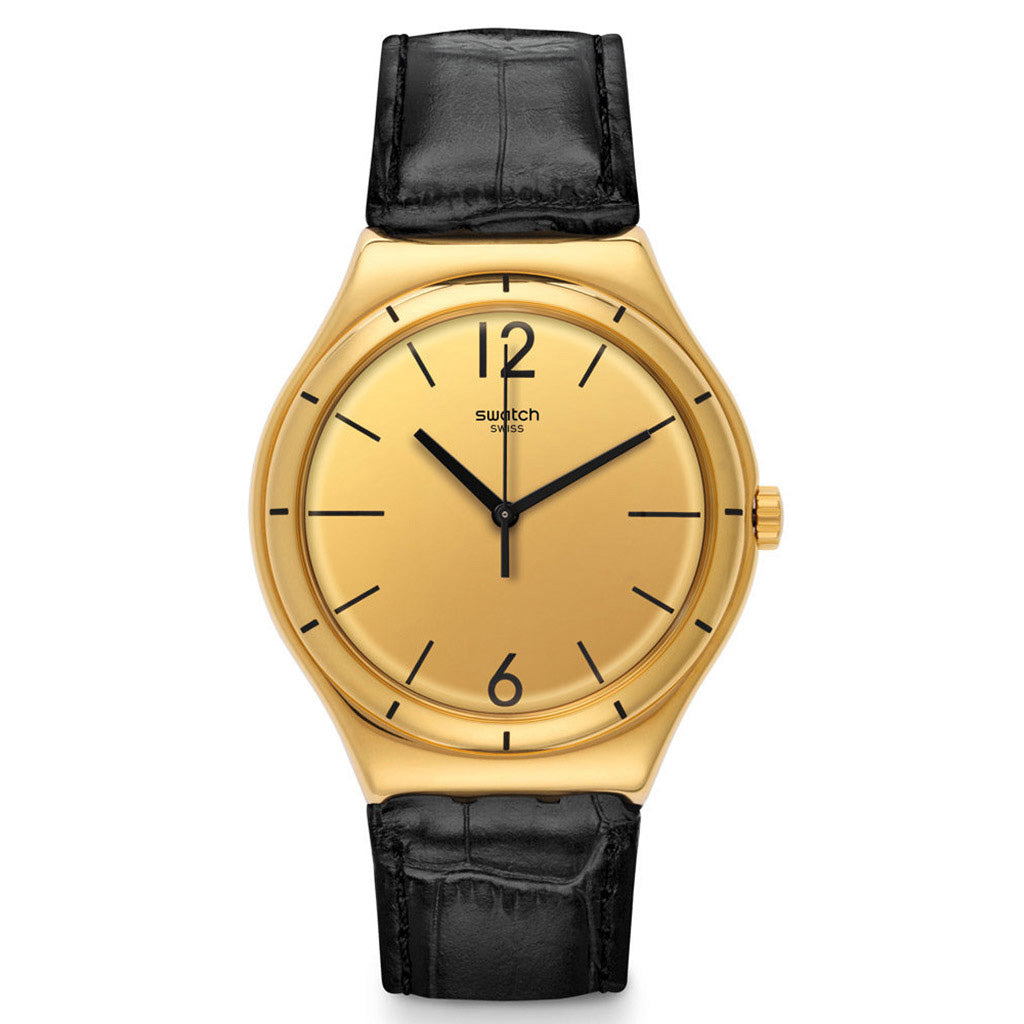 Swatch Irony Big Classic After Dinner YWG100 Armbanduhr mit goldfarbenem Gehäuse, goldfarbenem Zifferblatt und schwarzem Armband