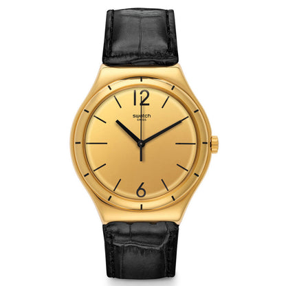 Swatch Irony Big Classic After Dinner YWG100 Armbanduhr mit goldfarbenem Gehäuse, goldfarbenem Zifferblatt und schwarzem Armband