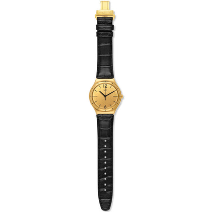 Swatch Irony Big Classic After Dinner YWG100 Armbanduhr mit goldfarbenem Gehäuse, goldfarbenem Zifferblatt und schwarzem Armband