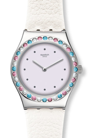 Swatch Irony Medium After Dinner YLS201 Armbanduhr mit silberfarbenem Gehäuse, weißem Zifferblatt und weißem Armband