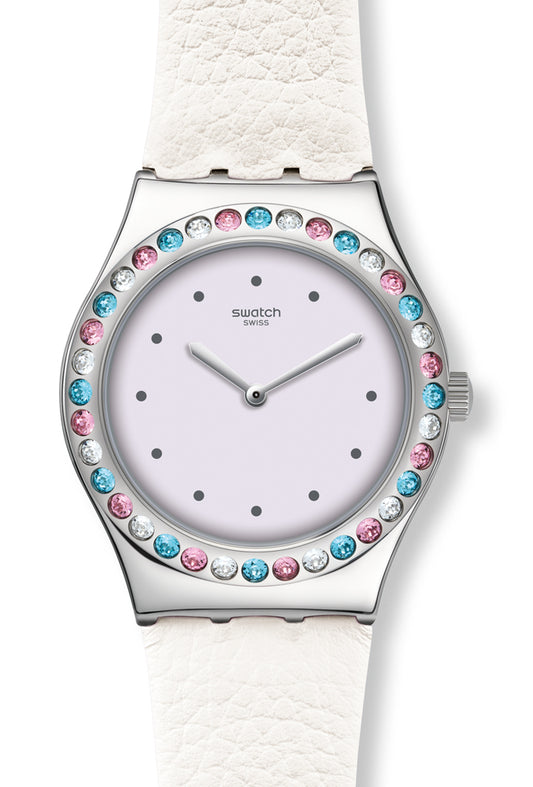 Swatch Irony Medium After Dinner YLS201 Armbanduhr mit silberfarbenem Gehäuse, weißem Zifferblatt und weißem Armband