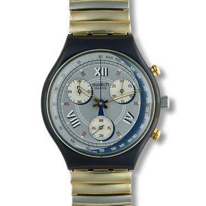 Swatch Chrono Alabama Zifferblatt Nahaufnahme mit Tachymeterskala und drei Hilfszifferblättern