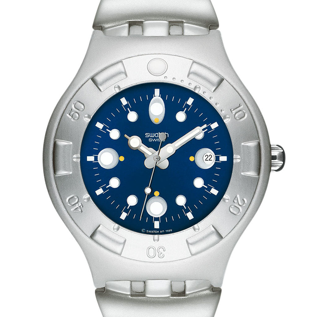 Swatch Irony Scuba 200 Back Wash - Variante YDS4011XG Armbanduhr mit silberfarbenem Gehäuse, blauem Zifferblatt und silberfarbenem Armband