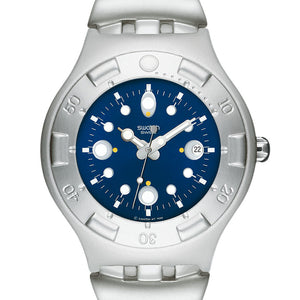 Swatch Irony Scuba 200 Back Wash - Variante YDS4011XG Armbanduhr mit silberfarbenem Gehäuse, blauem Zifferblatt und silberfarbenem Armband