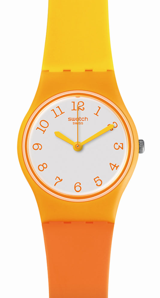 Swatch Lady Beach Dream LO112 Damenuhr mit orangefarbenem Kunststoffgehäuse, weißem Zifferblatt und gelborangefarbenem Silikonarmband