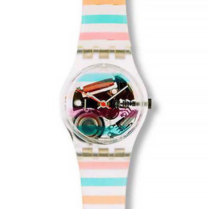 Swatch Lady Belvedere LK105 Damenuhr mit transparentem Kunststoffgehäuse, transparentem Zifferblatt und buntem Kunststoffarmband