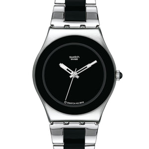 Swatch Irony Medium Black Ceramic YLS168G Armbanduhr mit silberfarbenem Gehäuse, schwarzem Zifferblatt und schwarzsilberfarbenem Armband