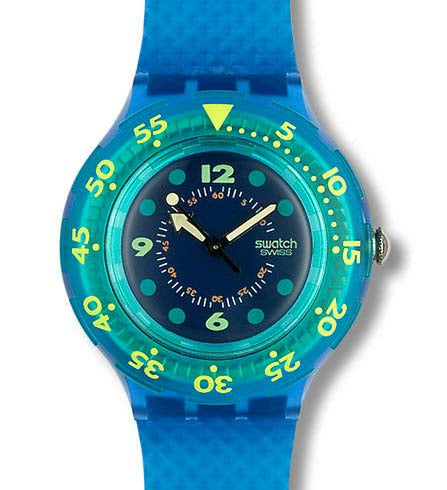 Swatch Scuba 200 Blue Moon SDN100 Armbanduhr mit blauem Gehäuse, blauem Zifferblatt und blauem Armband
