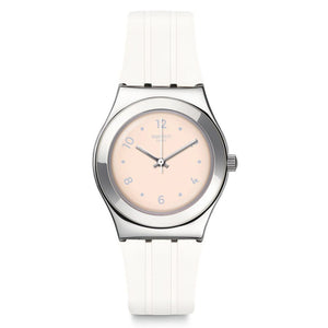 Swatch Irony Medium Blusharound YLS199 Armbanduhr mit silberfarbenem Gehäuse, weißem Zifferblatt und weißem Armband