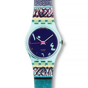Swatch Lady Casbah Rock LN105 Damenuhr mit blauem Kunststoffgehäuse, blauem Zifferblatt und blaugrünem Kunststoffarmband