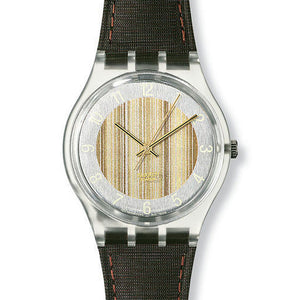Swatch Gent Curtain GK311 Armbanduhr mit transparentem Kunststoffgehäuse, cremefarbenem Zifferblatt und braunem Armband