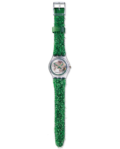 Swatch Gent Access Garden SKZ103 Armbanduhr mit transparentem Gehäuse, transparentem Zifferblatt und grünem Armband