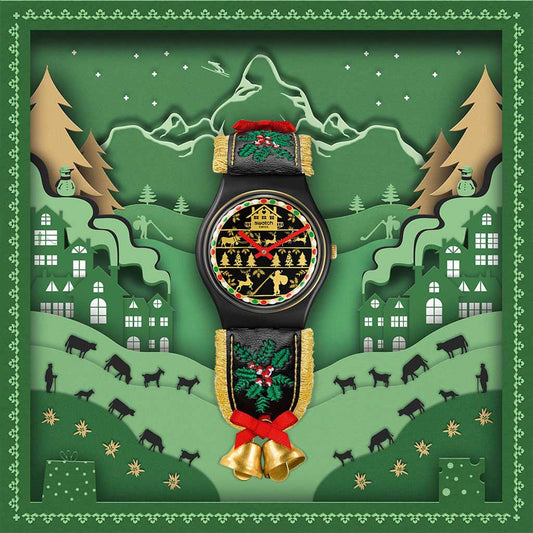 Swatch Gent X-Mas Special Golden Merry SO28B115 Armbanduhr mit schwarzem bio-basierter Kunststoffgehäuse und goldschwarzem Zifferblatt