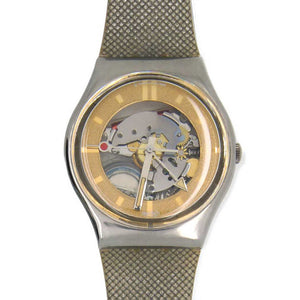 Swatch Gent GOLDEN SPHERE GX102 Armbanduhr mit silberfarbenem Kunststoffgehäuse, goldfarbenem Zifferblatt und grauem Armband