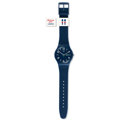 Swatch New Gent Greetings from London SUON705F Armbanduhr mit blauem Gehäuse, blauem Zifferblatt und blauem Armband