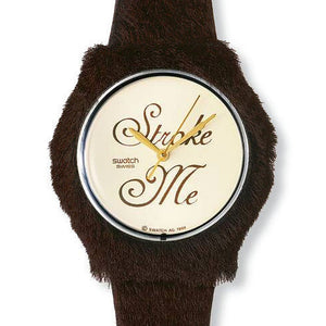 Swatch Gent Hairy Harry GX129 Armbanduhr mit braunem Kunststoffgehäuse, silberfarbenem Zifferblatt und braunem Armband